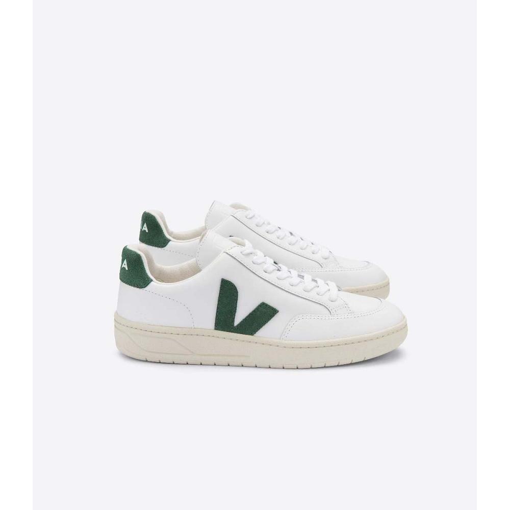 Women\'s Veja V-12 LEATHER Sneakers White/Green | SG 671KOR